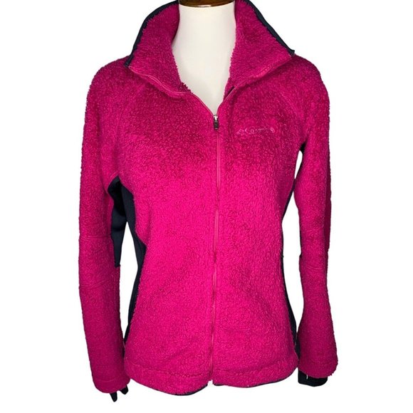 Columbia Full Zip Fleece Jacket Size Large Hot Pink Black Inserts 2 Zip Pockets - Picture 1 of 9